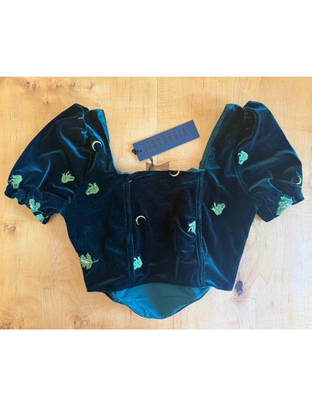DISTURBIA Swamplife Frog Embroidered Velour Puff Sleeve Corset Top – US 6/ UK 10 - Picture 4 of 7